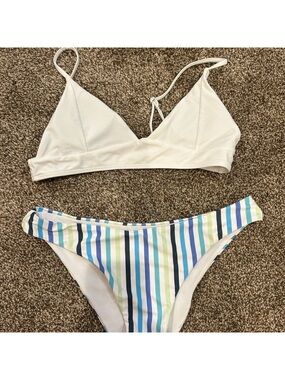 White Triangle Bikini Top and Blue-Striped Bikini Bottom - Women's Swim Set